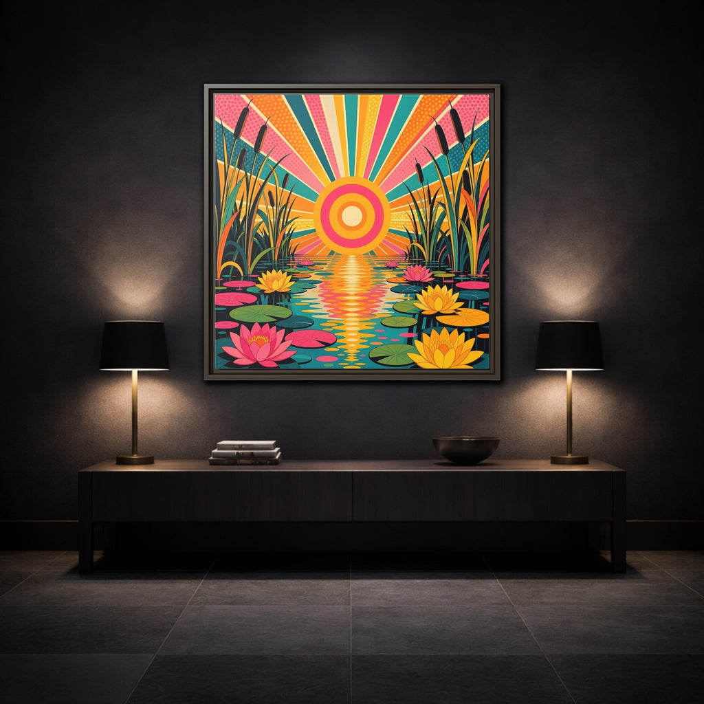 Mockup 3. Nature Water Lilies Colorful Lotus Pond shown as stretched canvas wall art