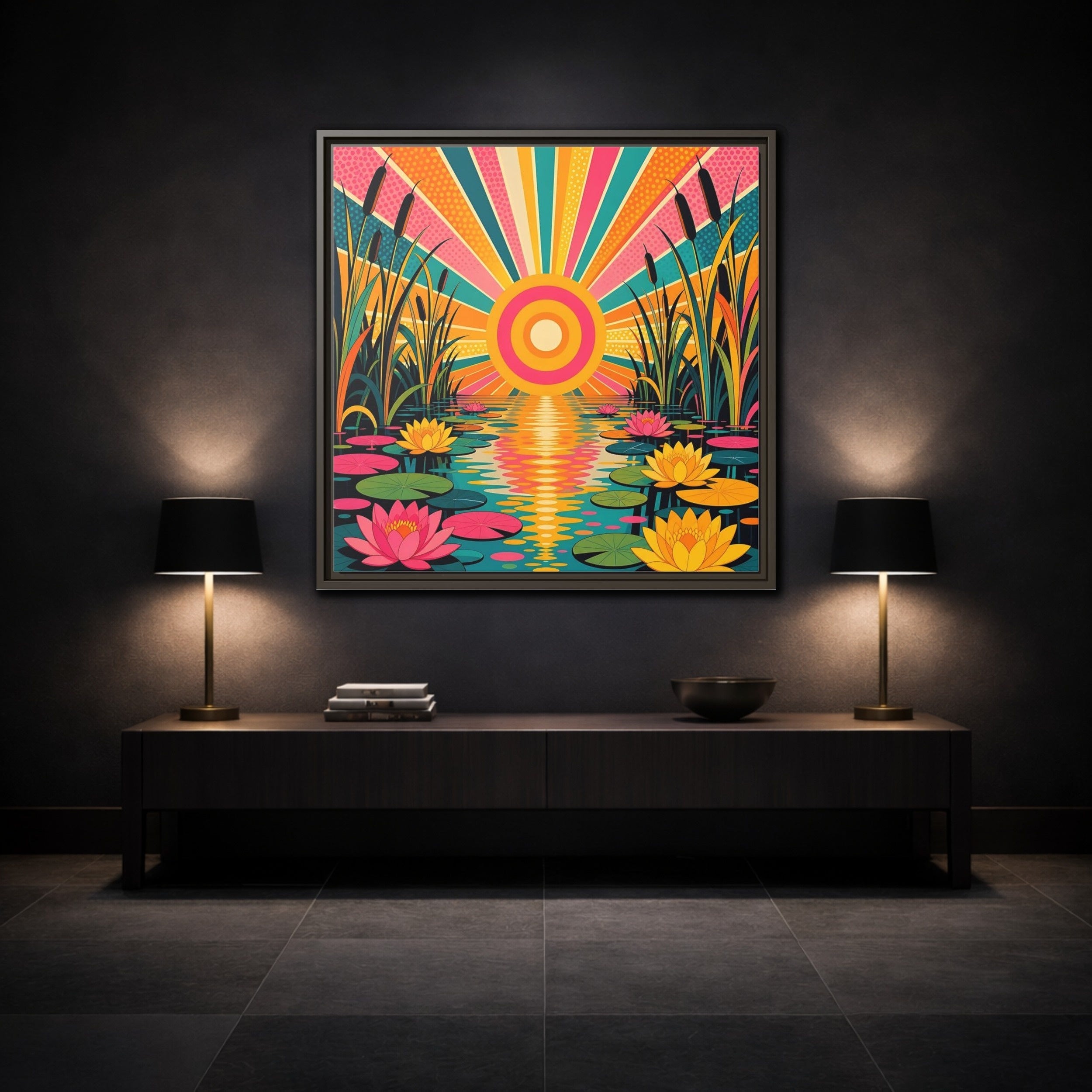 Mockup 3. Nature Water Lilies Colorful Lotus Pond shown as stretched canvas wall art