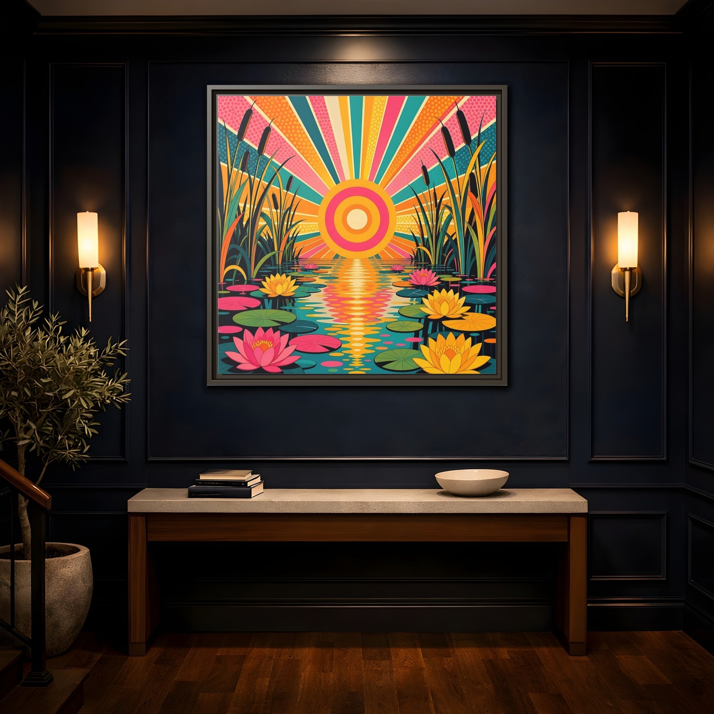 Mockup 4. Nature Water Lilies Colorful Lotus Pond shown as stretched canvas wall art