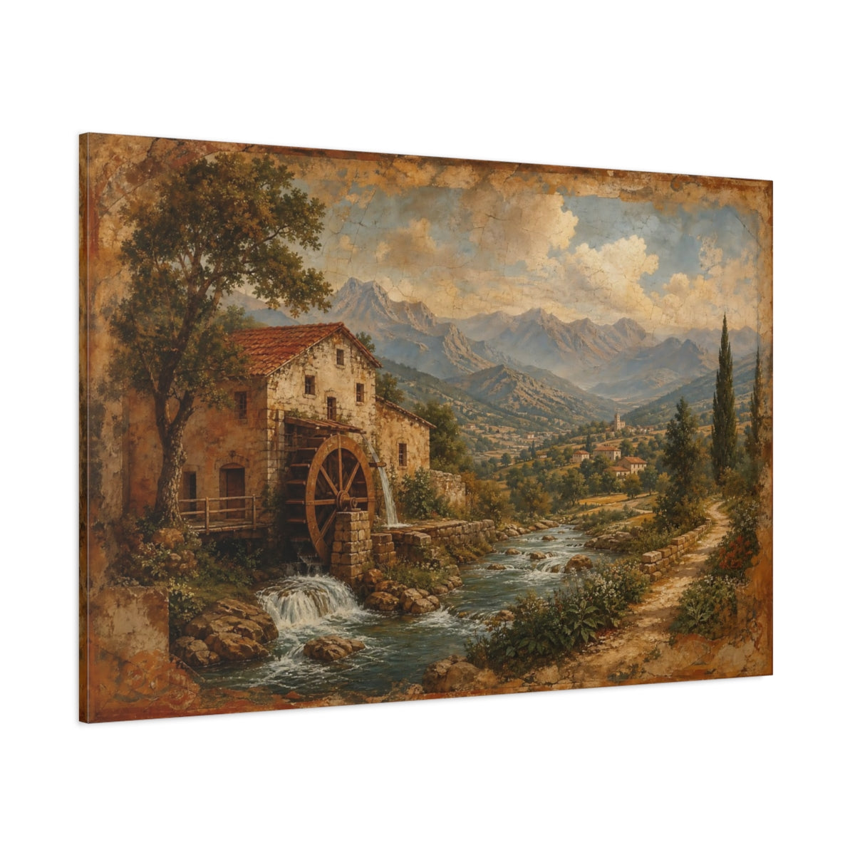 Side Mockup 1. Nature Water Mill Rustic Water Mill shown as stretched canvas wall art