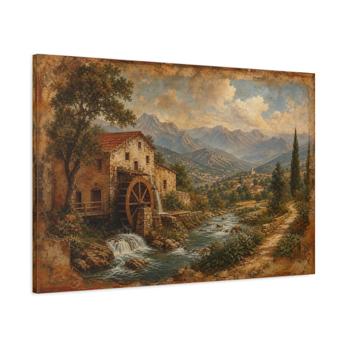 Main Mockup. Nature Water Mill Rustic Water Mill shown as stretched canvas wall art