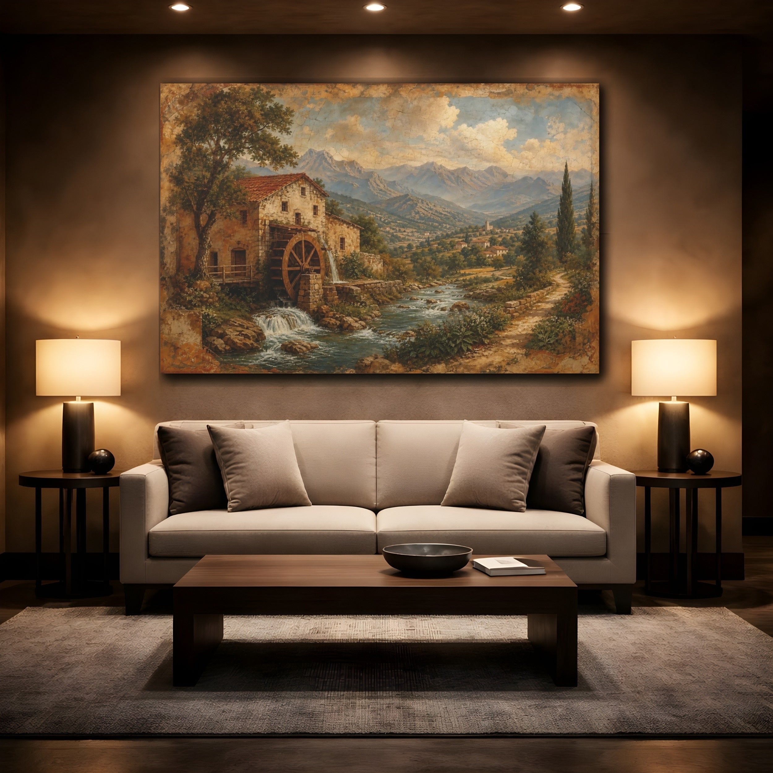 Mockup 2. Nature Water Mill Rustic Water Mill shown as stretched canvas wall art