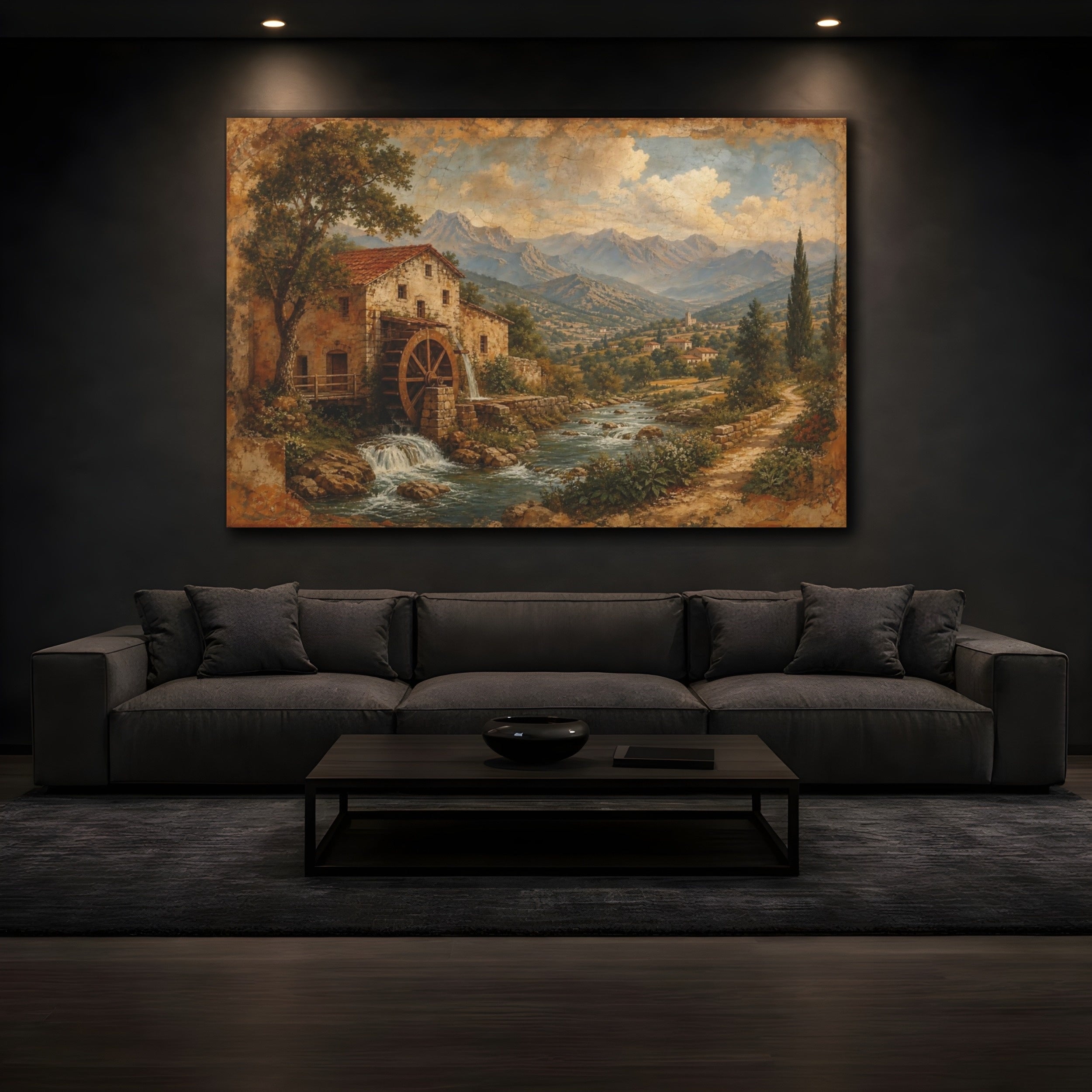 Mockup 3. Nature Water Mill Rustic Water Mill shown as stretched canvas wall art