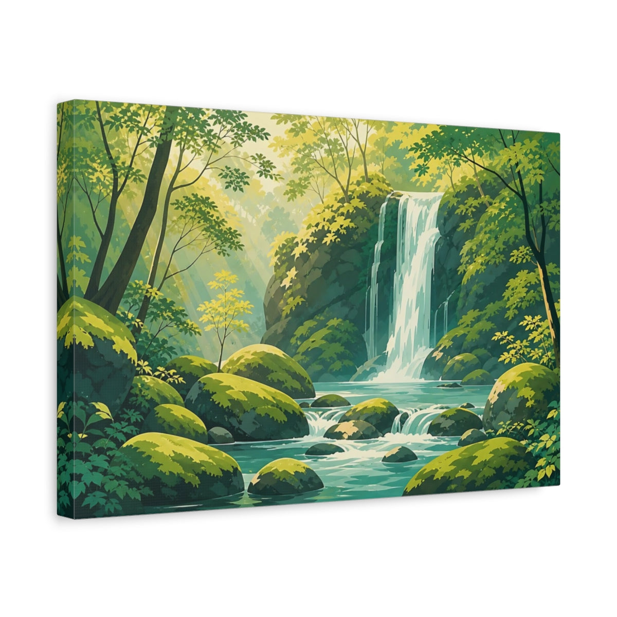 Side Mockup 4. Nature Waterfall Green And Blue shown as stretched canvas wall art