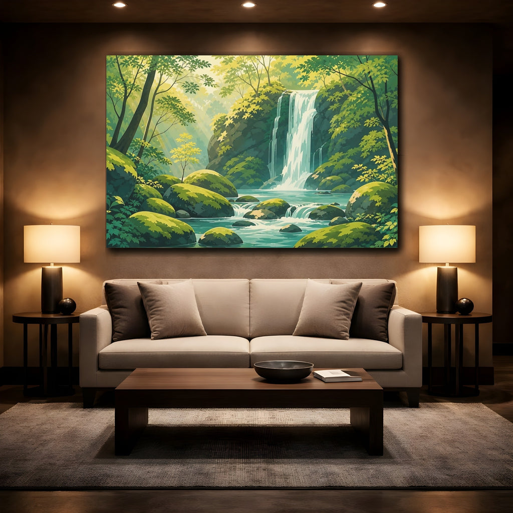 Mockup 2. Nature Waterfall Green And Blue shown as stretched canvas wall art