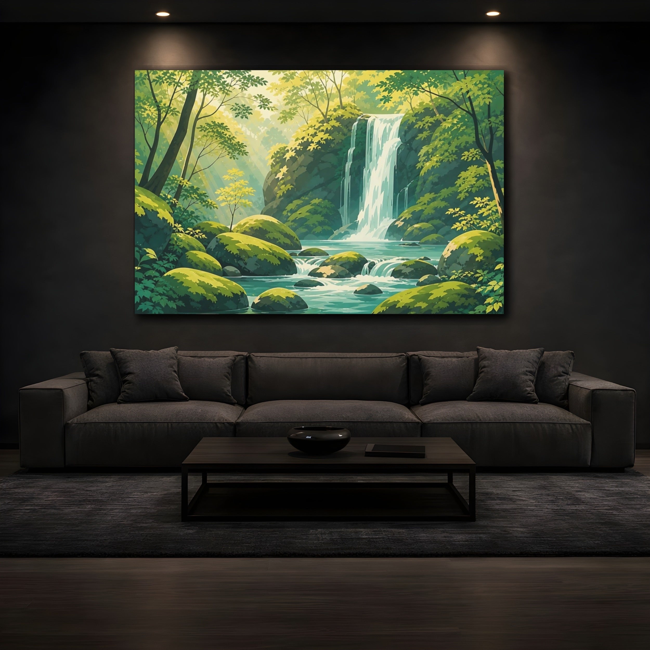 Mockup 3. Nature Waterfall Green And Blue shown as stretched canvas wall art