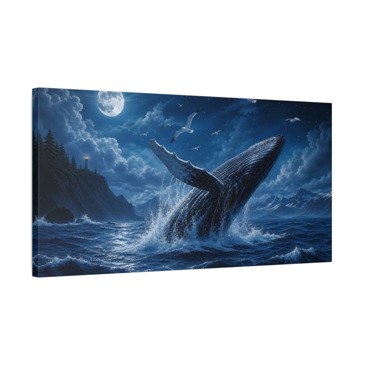 Side Mockup 1. Nature Whale Blue Ocean Night shown as stretched canvas wall art