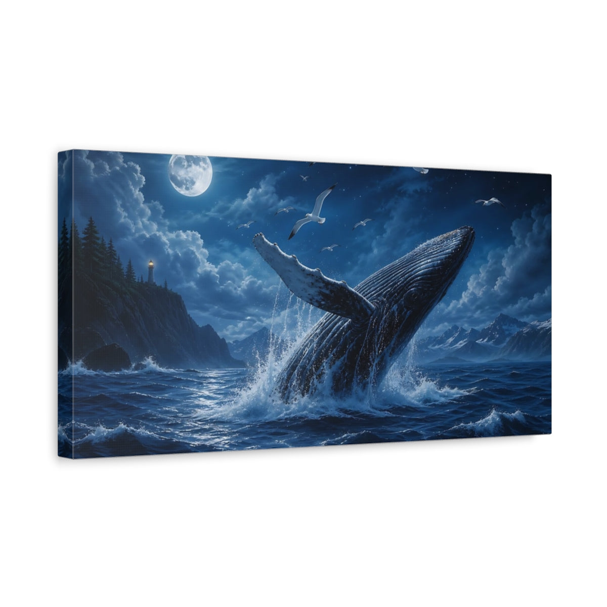 Side Mockup 3. Nature Whale Blue Ocean Night shown as stretched canvas wall art