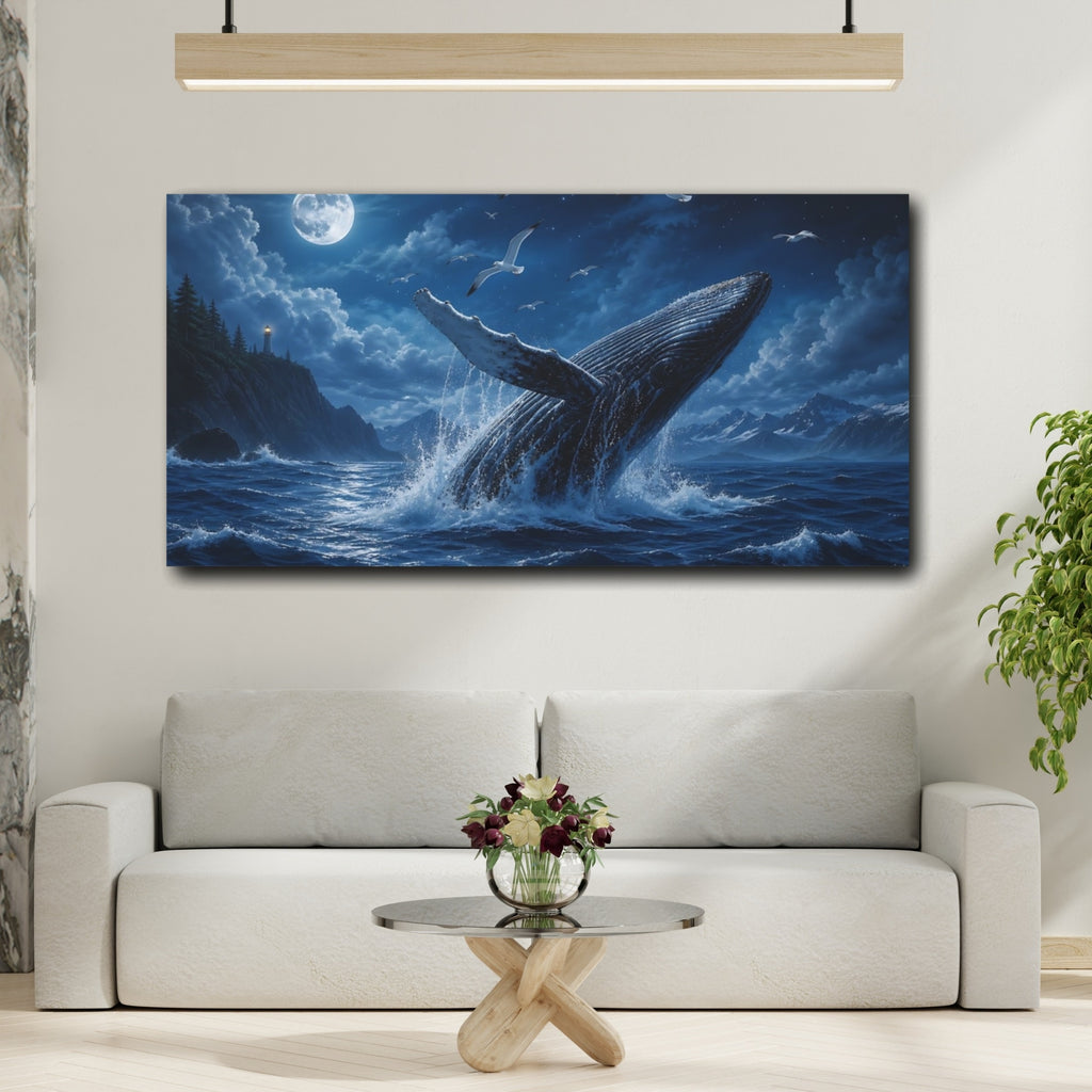 Mockup 2. Nature Whale Blue Ocean Night shown as stretched canvas wall art