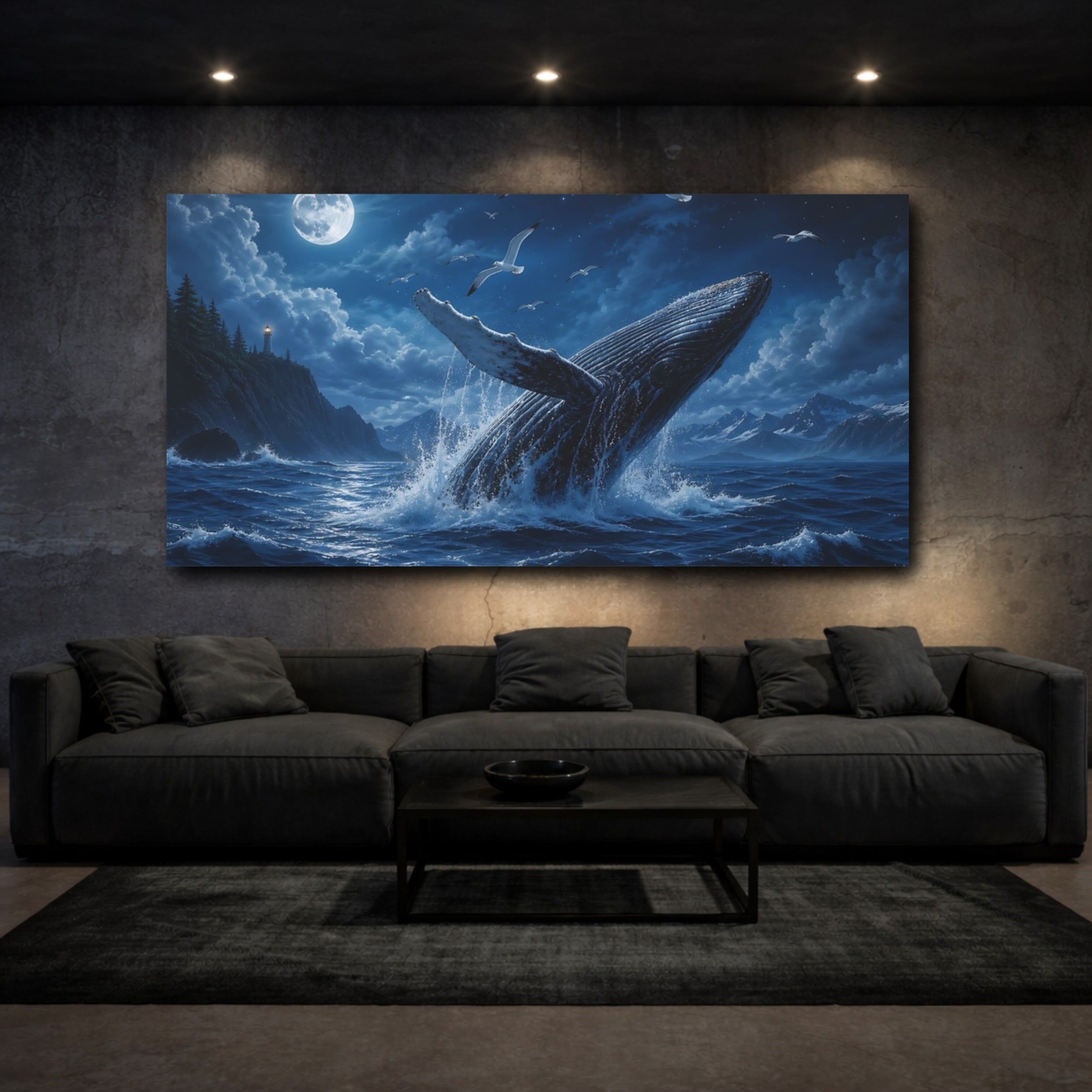 Mockup 3. Nature Whale Blue Ocean Night shown as stretched canvas wall art