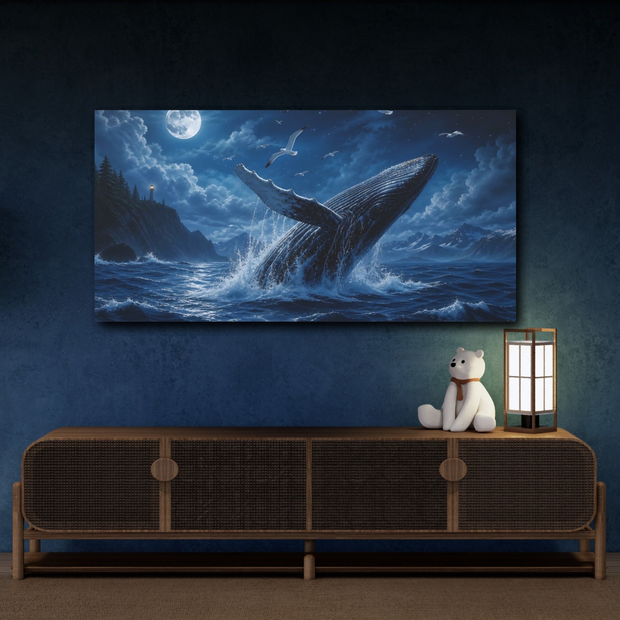 Mockup 4. Nature Whale Blue Ocean Night shown as stretched canvas wall art