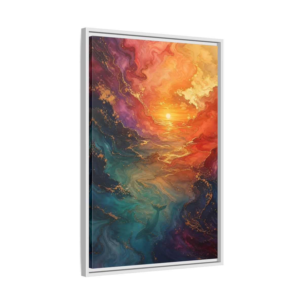 Side Mockup 10. Nature Whale Ocean Sunset Whale shown as stretched canvas wall art