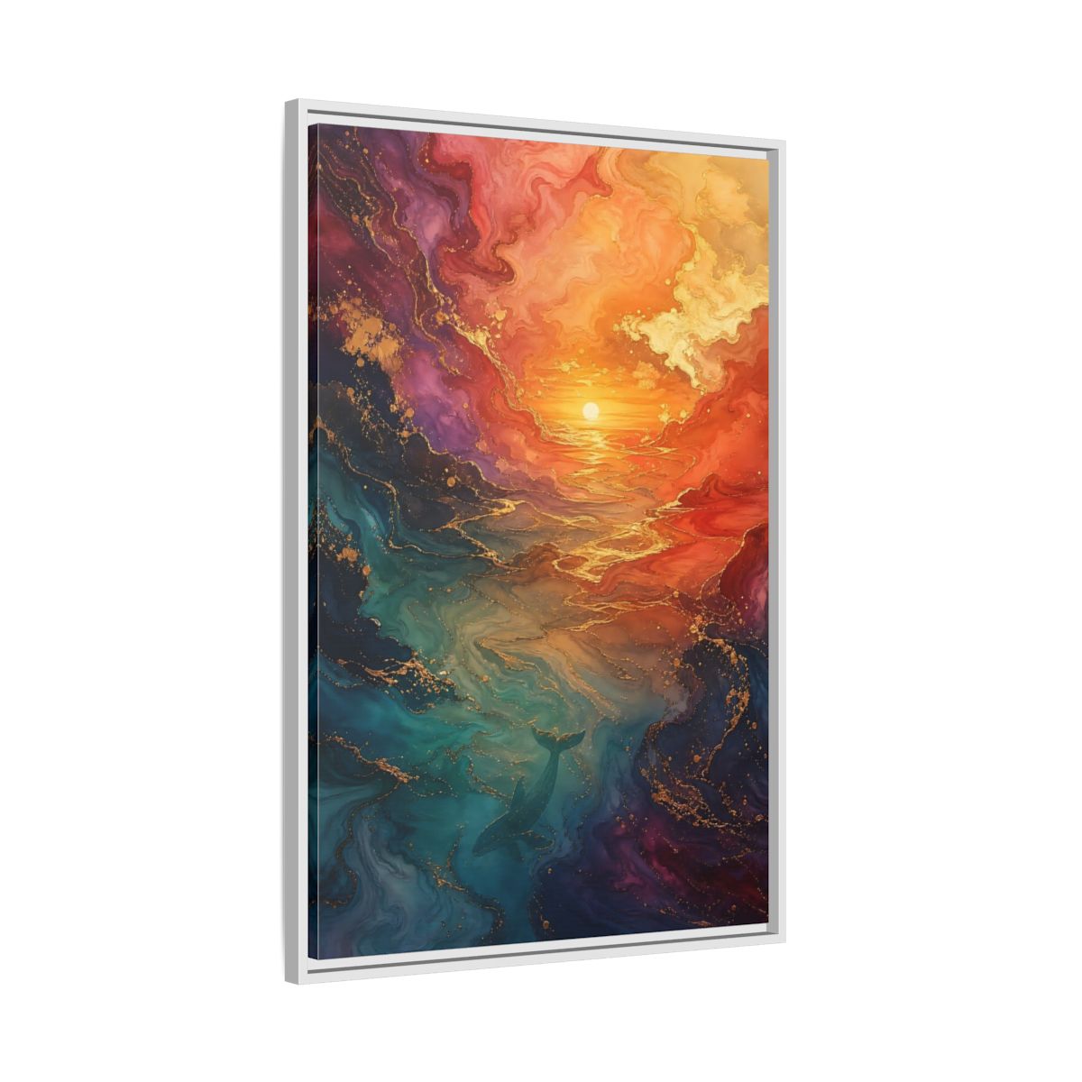 Side Mockup 9. Nature Whale Ocean Sunset Whale shown as stretched canvas wall art