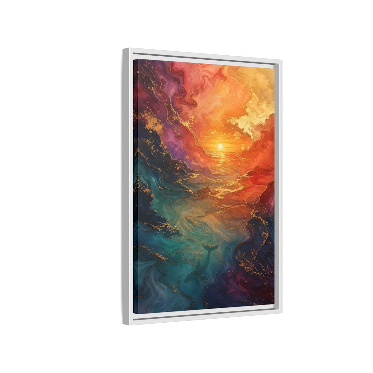 Side Mockup 1. Nature Whale Ocean Sunset Whale shown as stretched canvas wall art