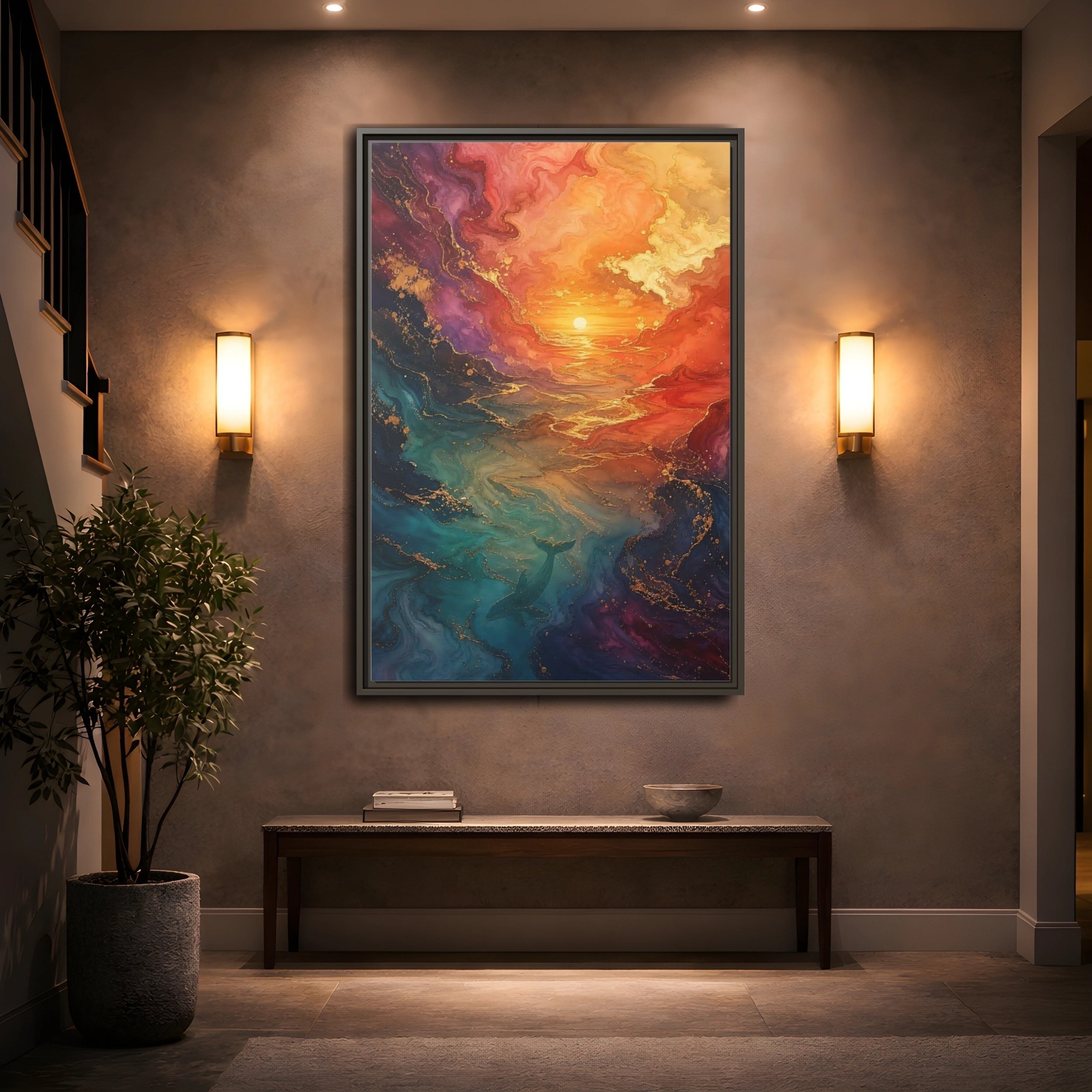 Mockup 2. Nature Whale Ocean Sunset Whale shown as stretched canvas wall art