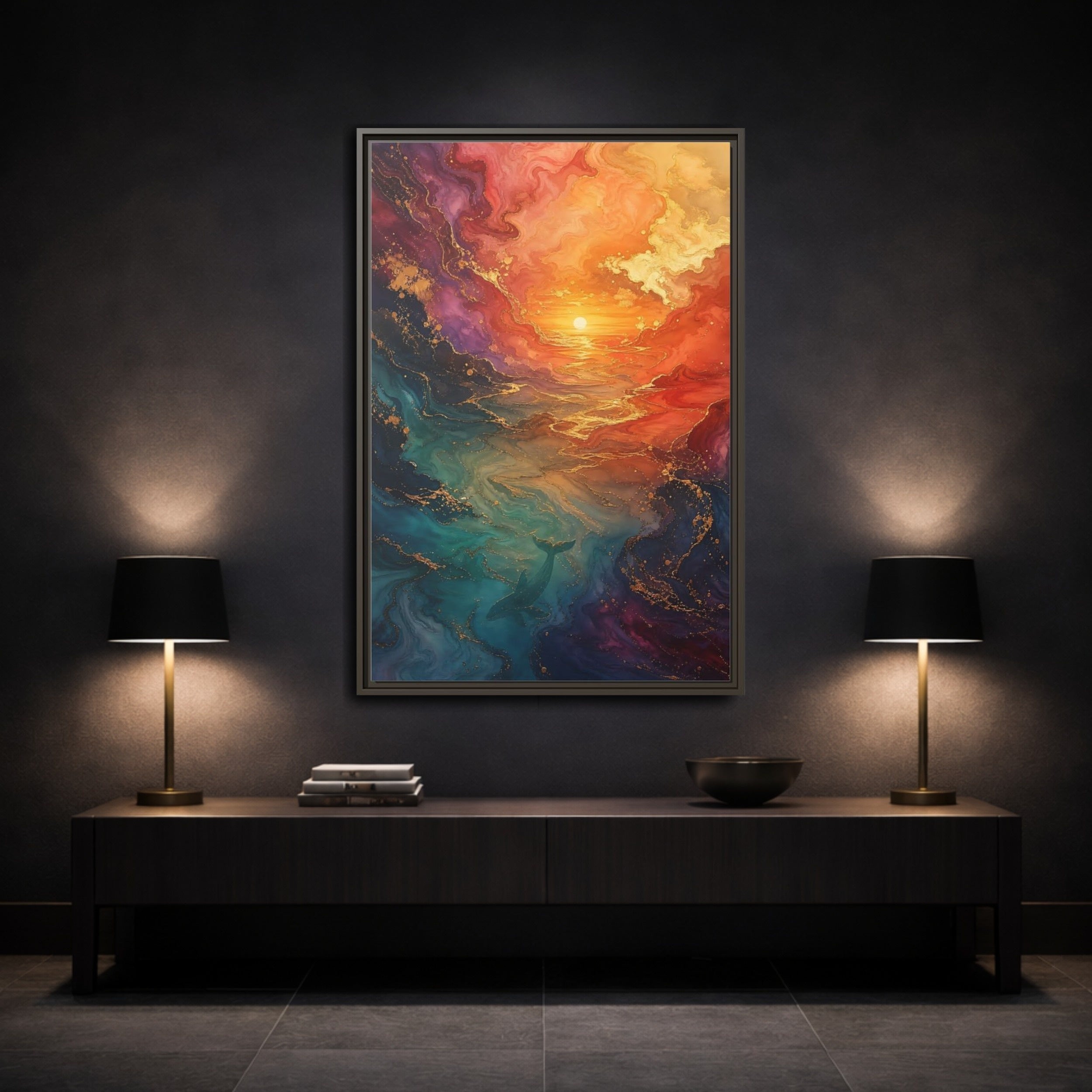 Mockup 3. Nature Whale Ocean Sunset Whale shown as stretched canvas wall art