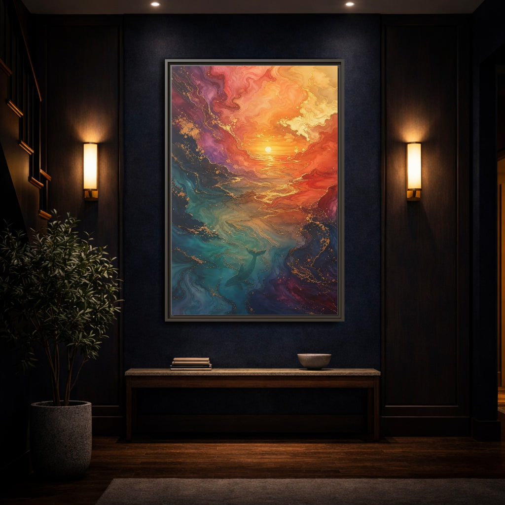 Mockup 4. Nature Whale Ocean Sunset Whale shown as stretched canvas wall art