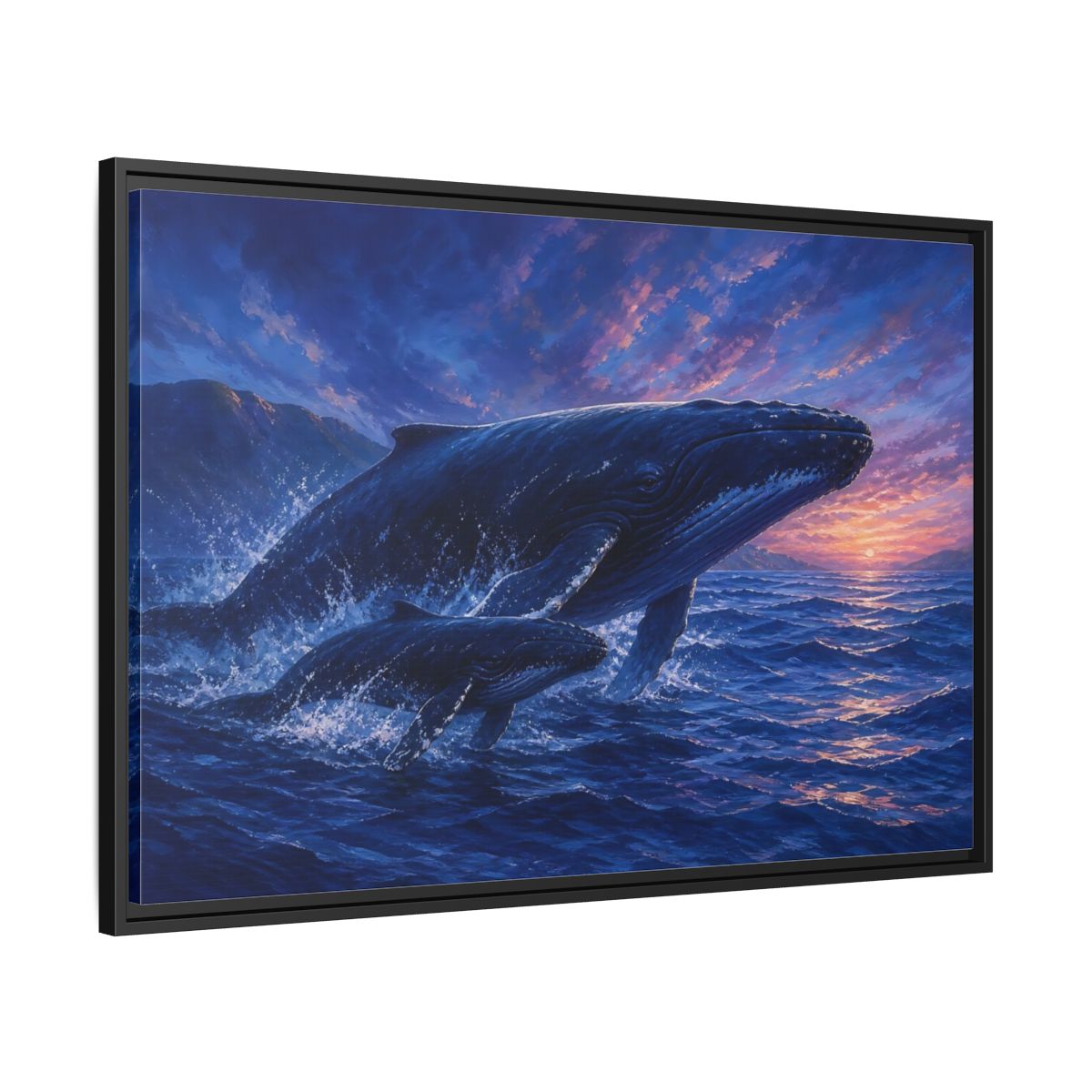 Side Mockup 13. Nature Whales Blue Purple Whales shown as stretched canvas wall art