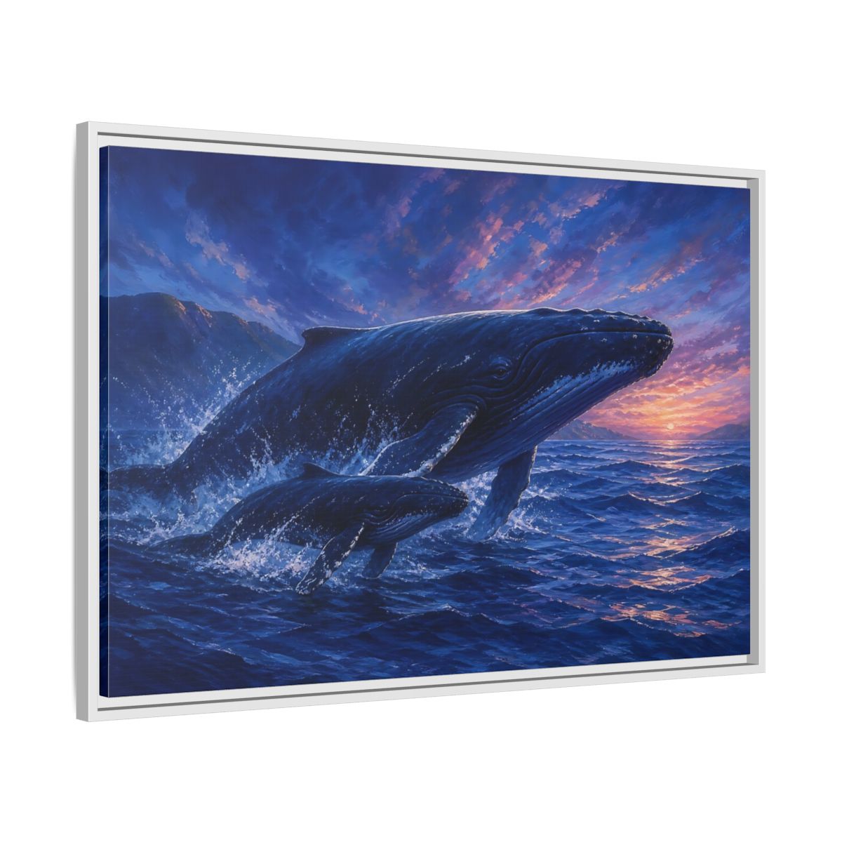 Side Mockup 9. Nature Whales Blue Purple Whales shown as stretched canvas wall art