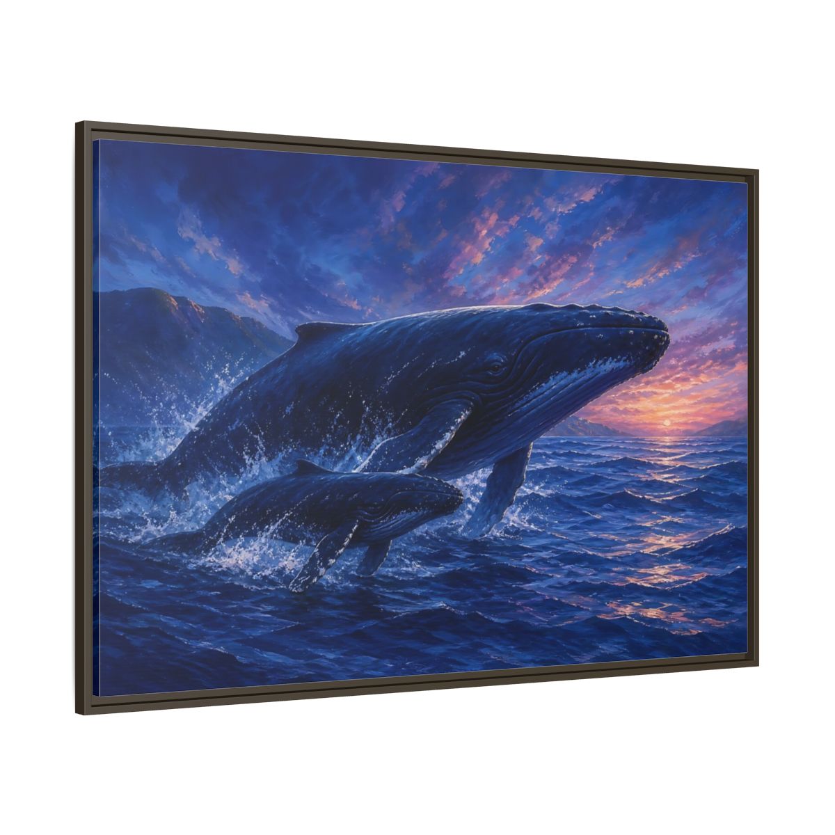Side Mockup 8. Nature Whales Blue Purple Whales shown as stretched canvas wall art
