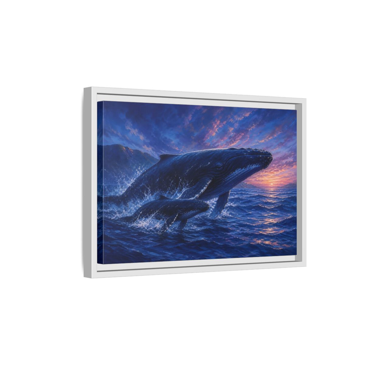 Side Mockup 4. Nature Whales Blue Purple Whales shown as stretched canvas wall art