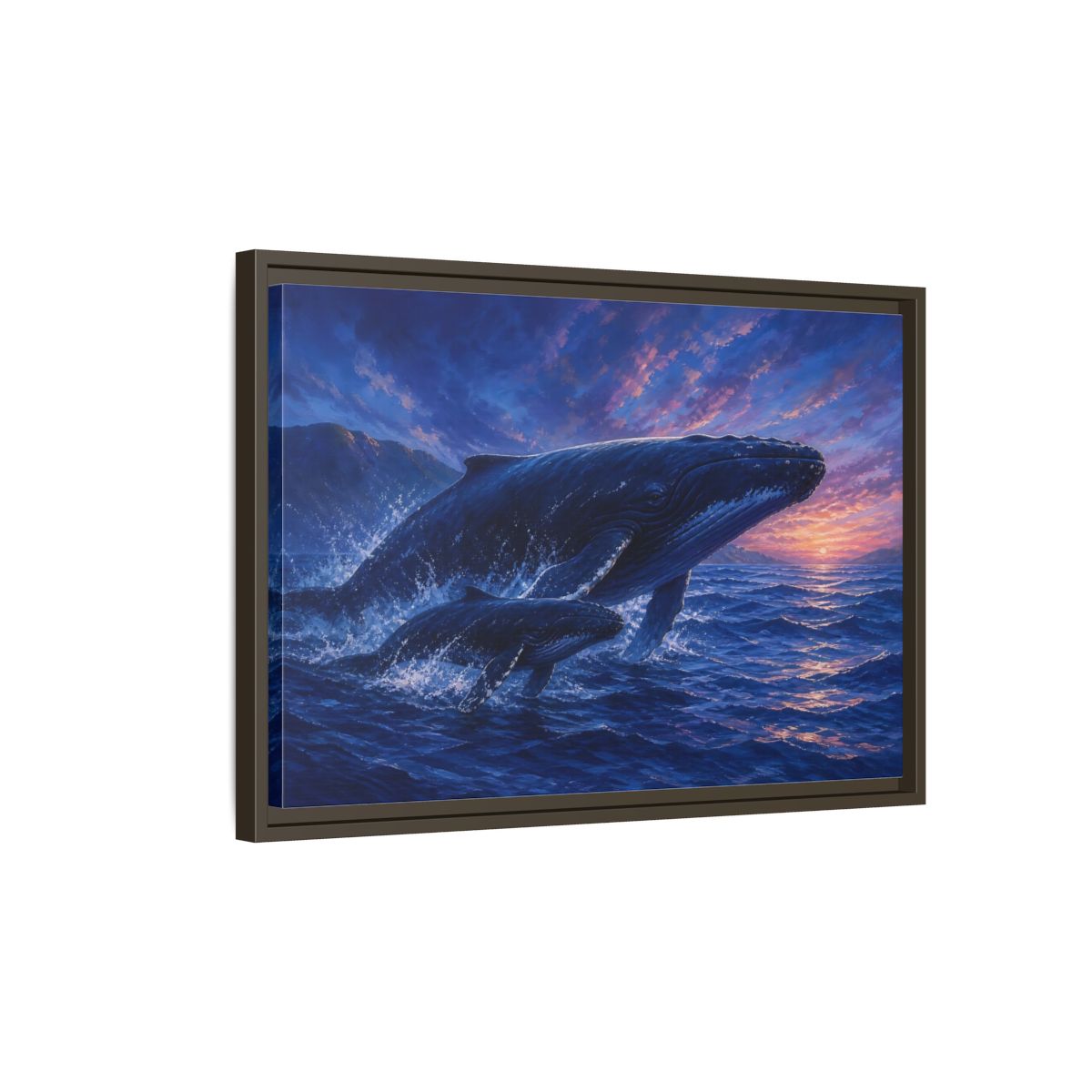 Side Mockup 2. Nature Whales Blue Purple Whales shown as stretched canvas wall art