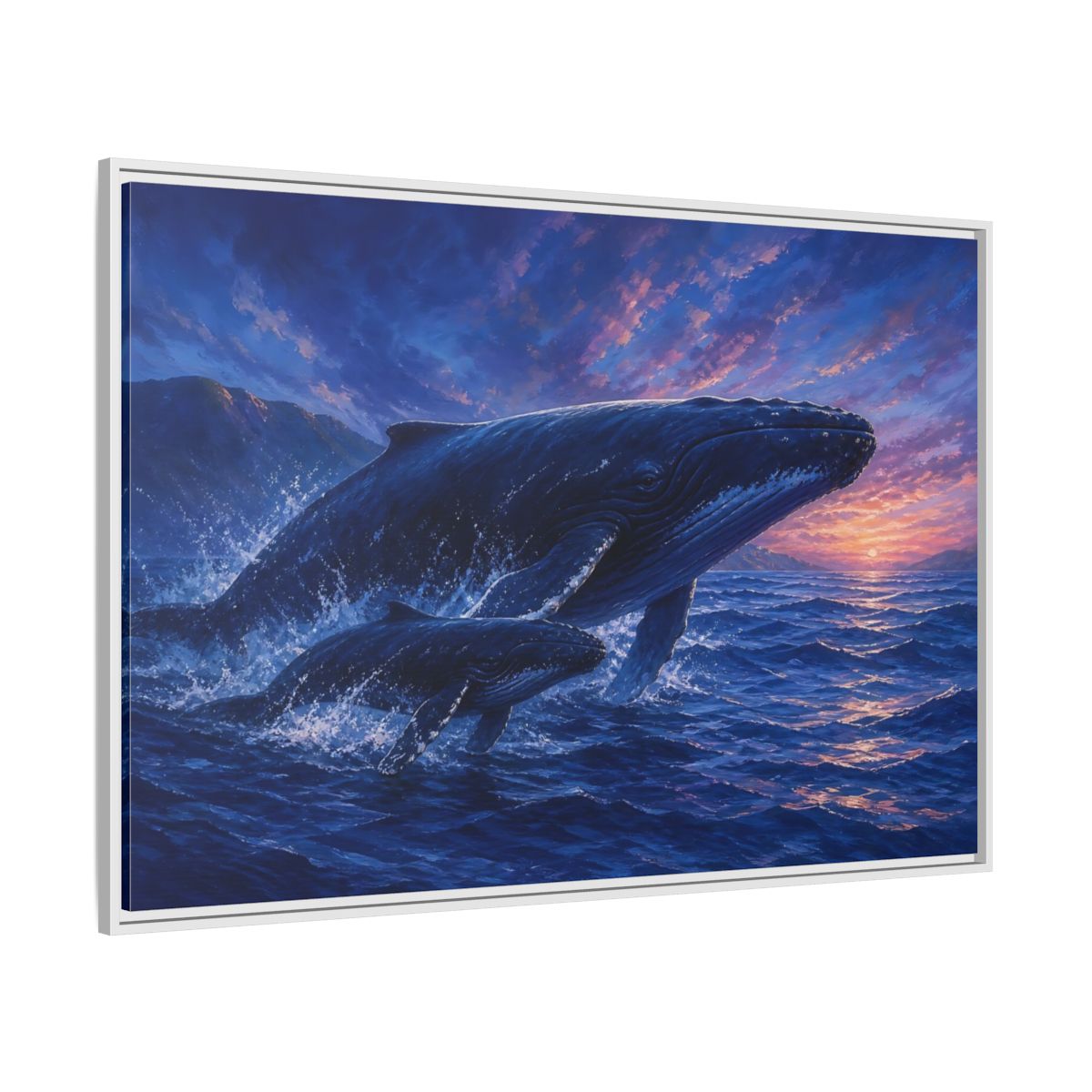 Side Mockup 7. Nature Whales Blue Purple Whales shown as stretched canvas wall art