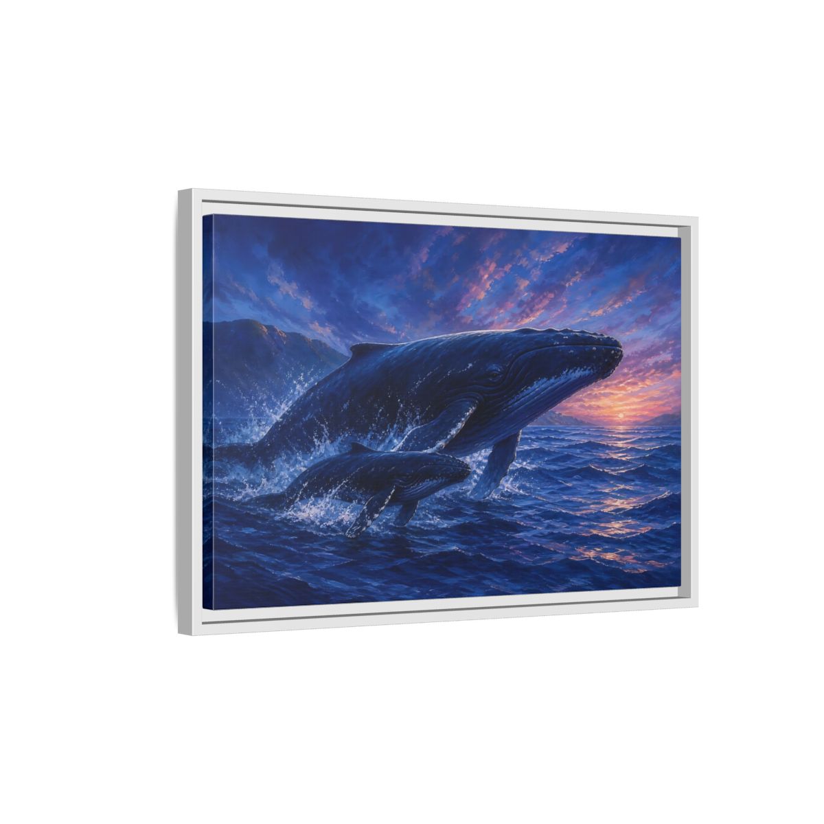 Side Mockup 1. Nature Whales Blue Purple Whales shown as stretched canvas wall art