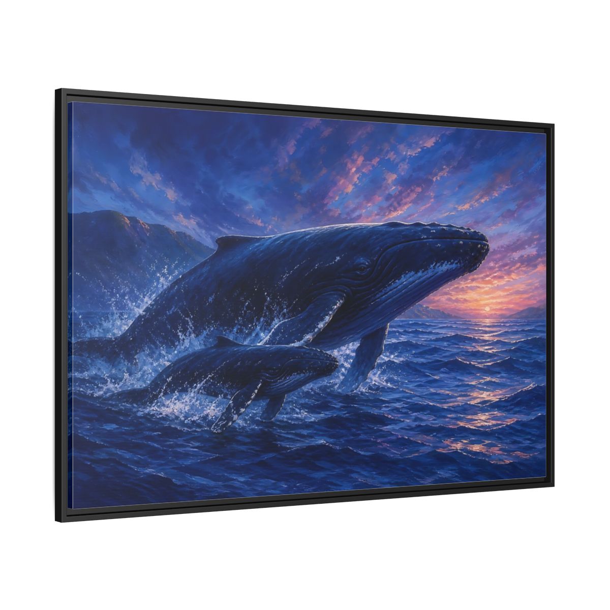 Side Mockup 12. Nature Whales Blue Purple Whales shown as stretched canvas wall art