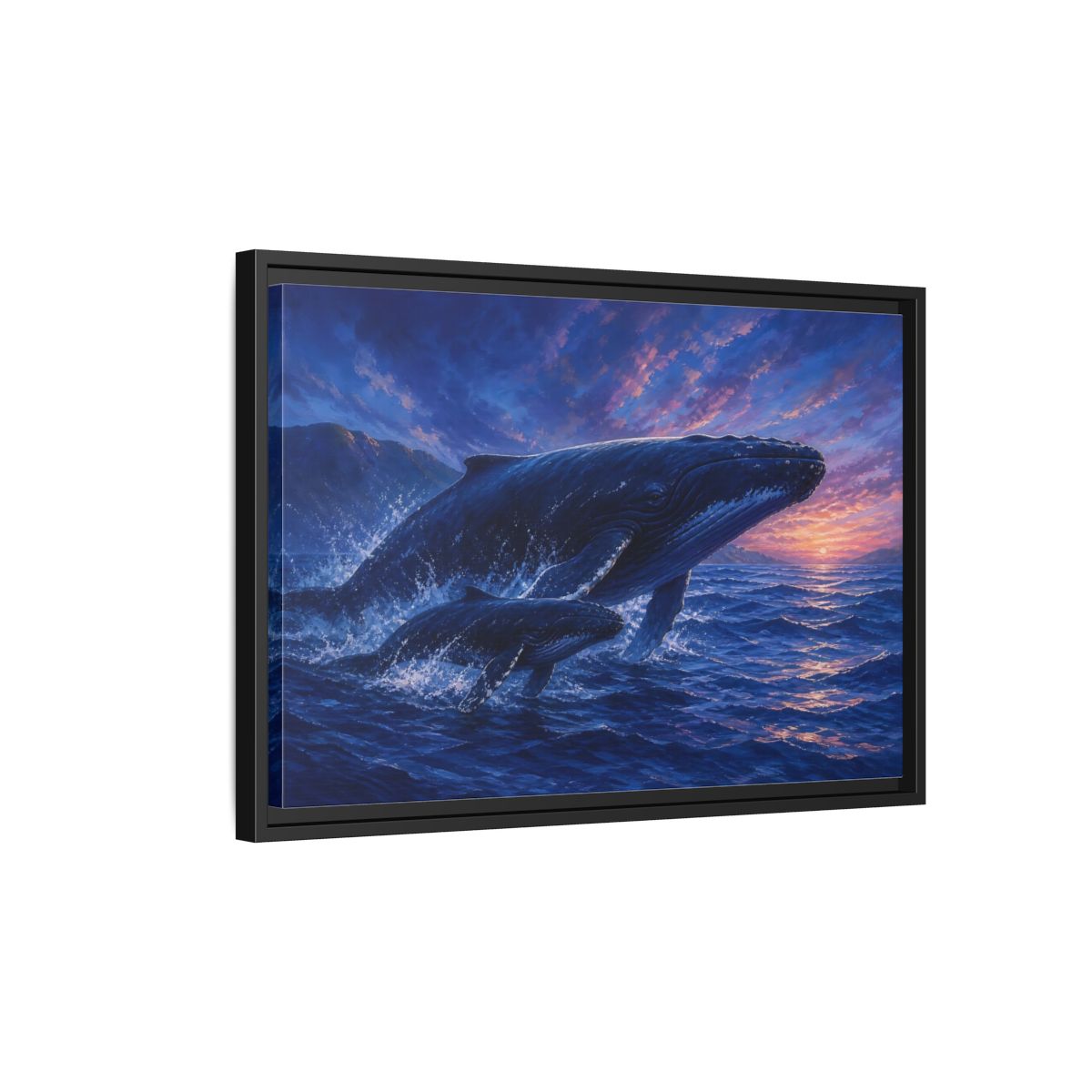 Side Mockup 3. Nature Whales Blue Purple Whales shown as stretched canvas wall art