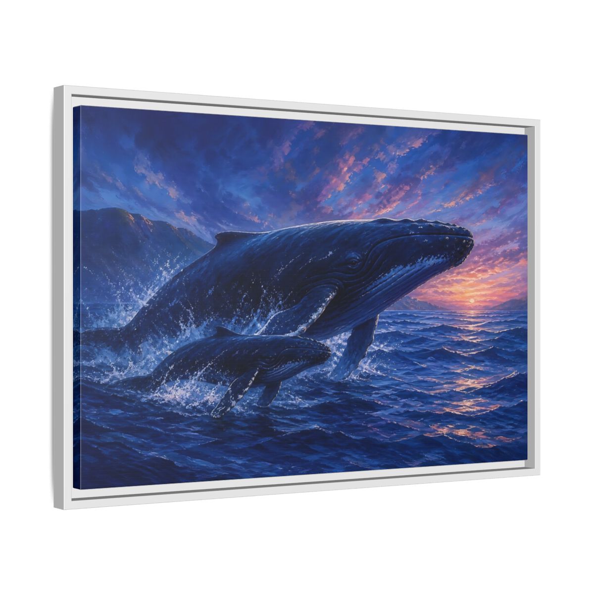 Side Mockup 10. Nature Whales Blue Purple Whales shown as stretched canvas wall art