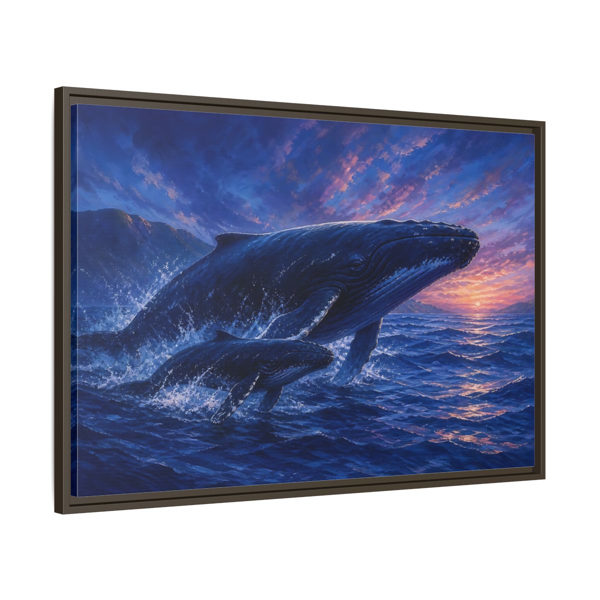 Main Mockup. Nature Whales Blue Purple Whales shown as stretched canvas wall art