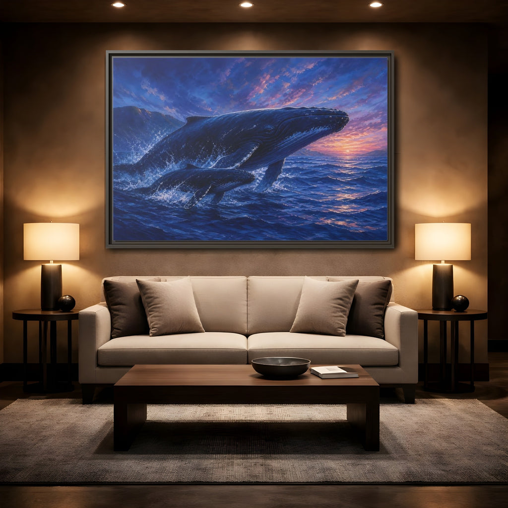 Mockup 2. Nature Whales Blue Purple Whales shown as stretched canvas wall art