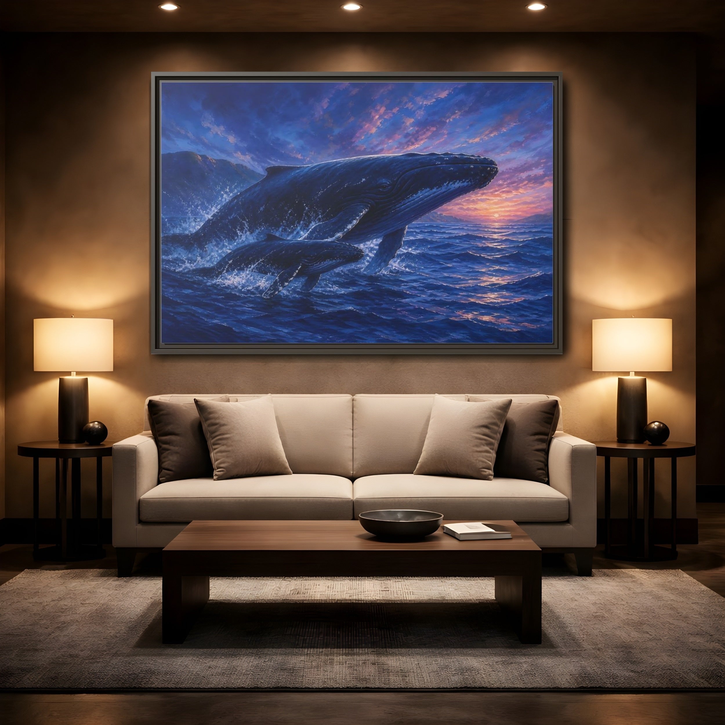 Mockup 2. Nature Whales Blue Purple Whales shown as stretched canvas wall art