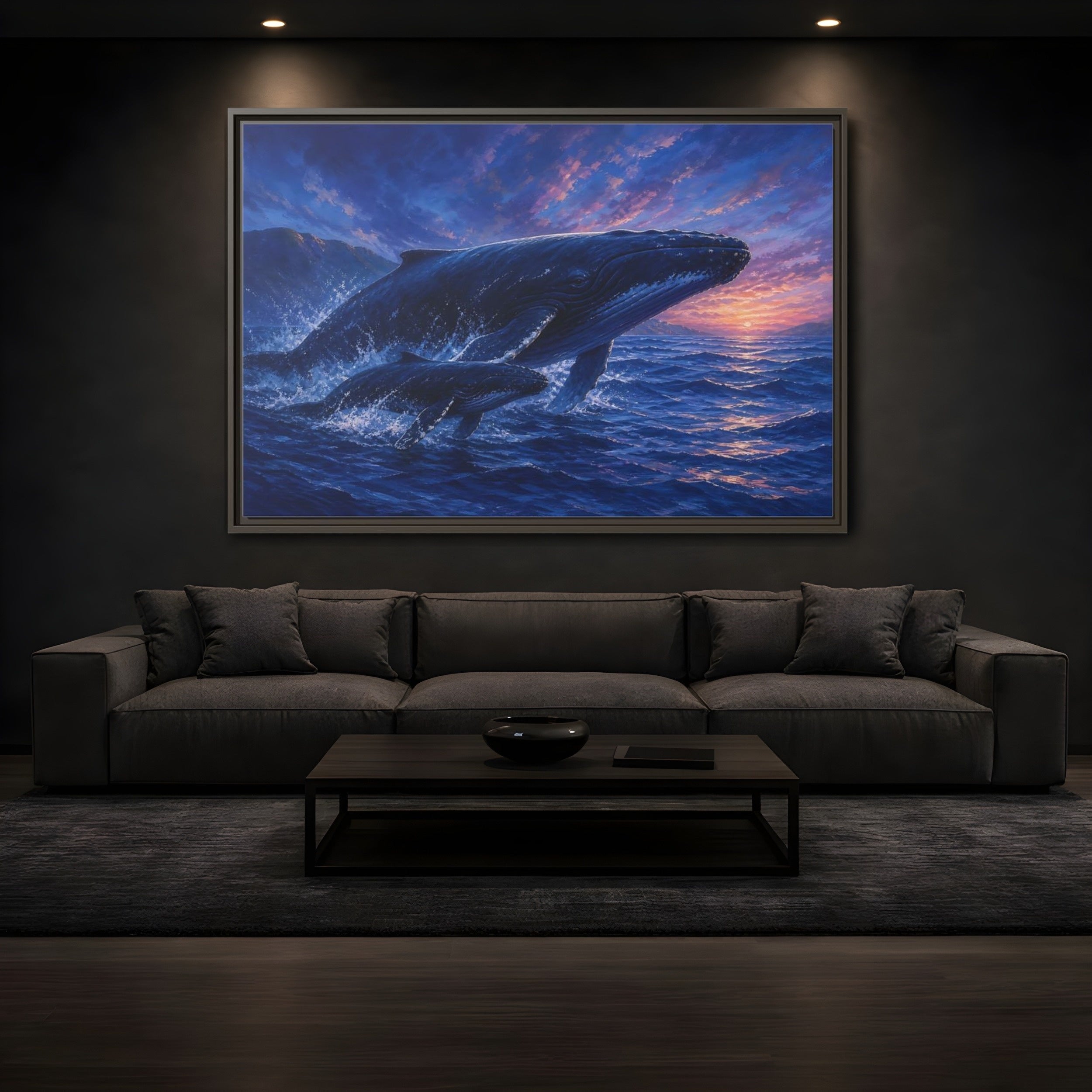 Mockup 3. Nature Whales Blue Purple Whales shown as stretched canvas wall art