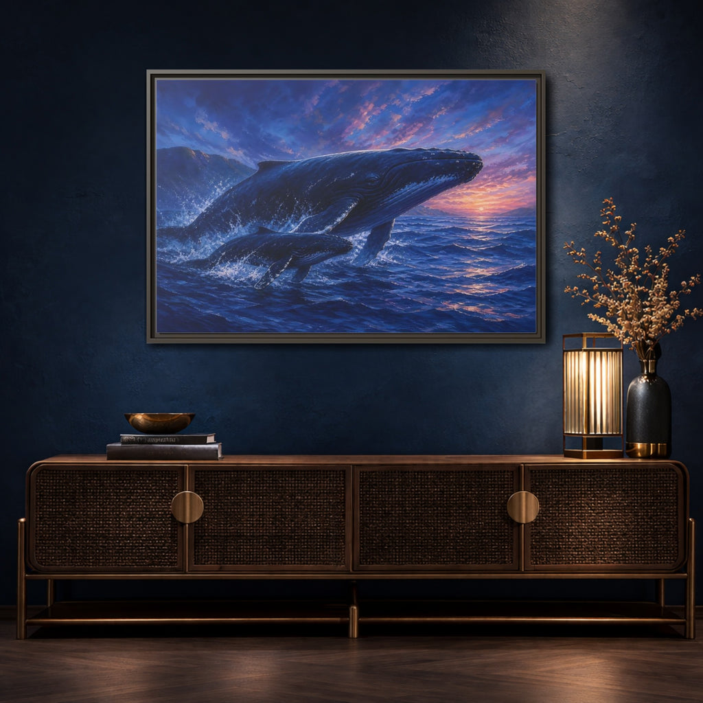 Mockup 4. Nature Whales Blue Purple Whales shown as stretched canvas wall art