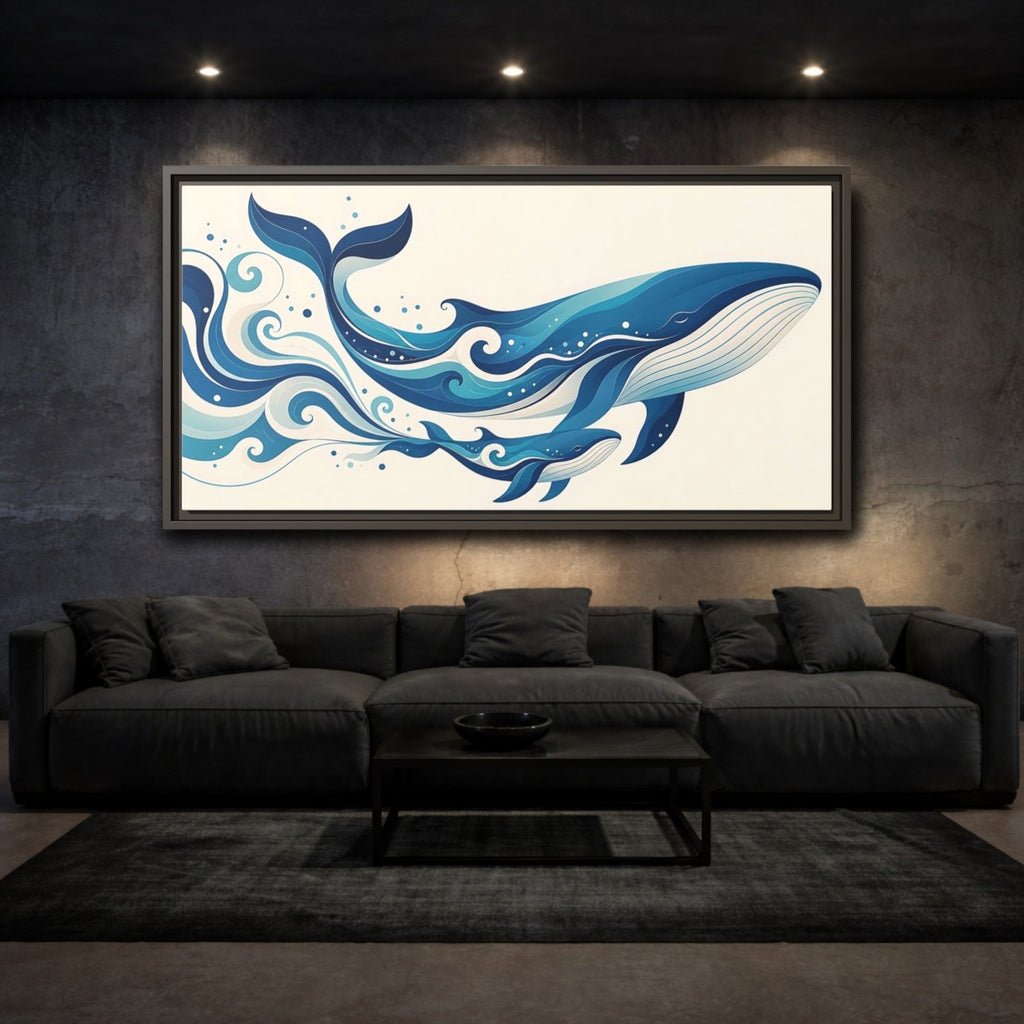 Mockup 3. Nature Whales Blue Whales shown as stretched canvas wall art