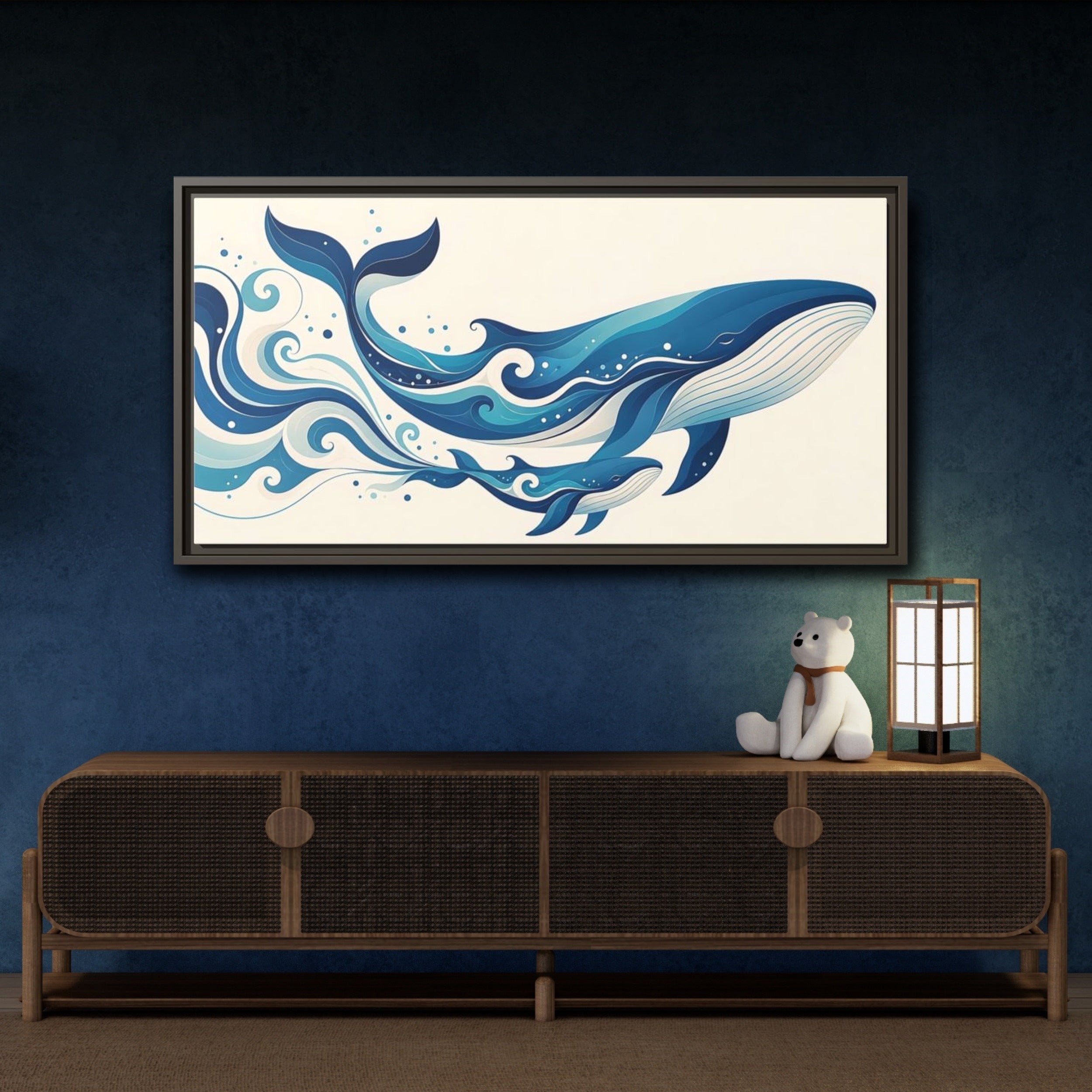 Mockup 4. Nature Whales Blue Whales shown as stretched canvas wall art