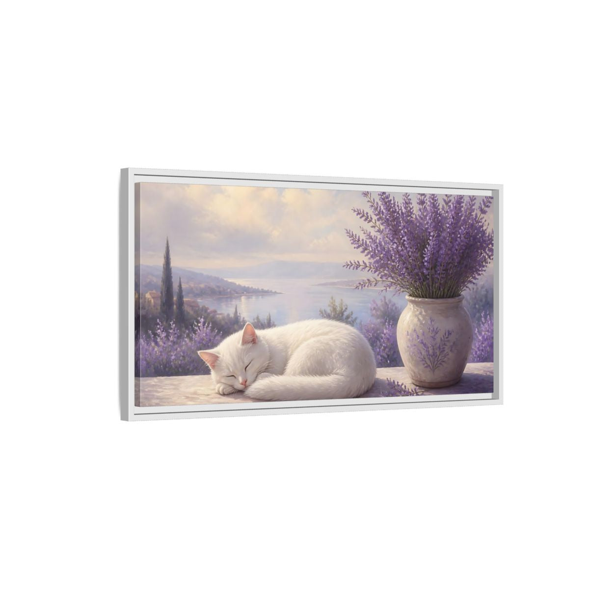 Side Mockup 1. Nature White Cat White Cat Lavender shown as stretched canvas wall art