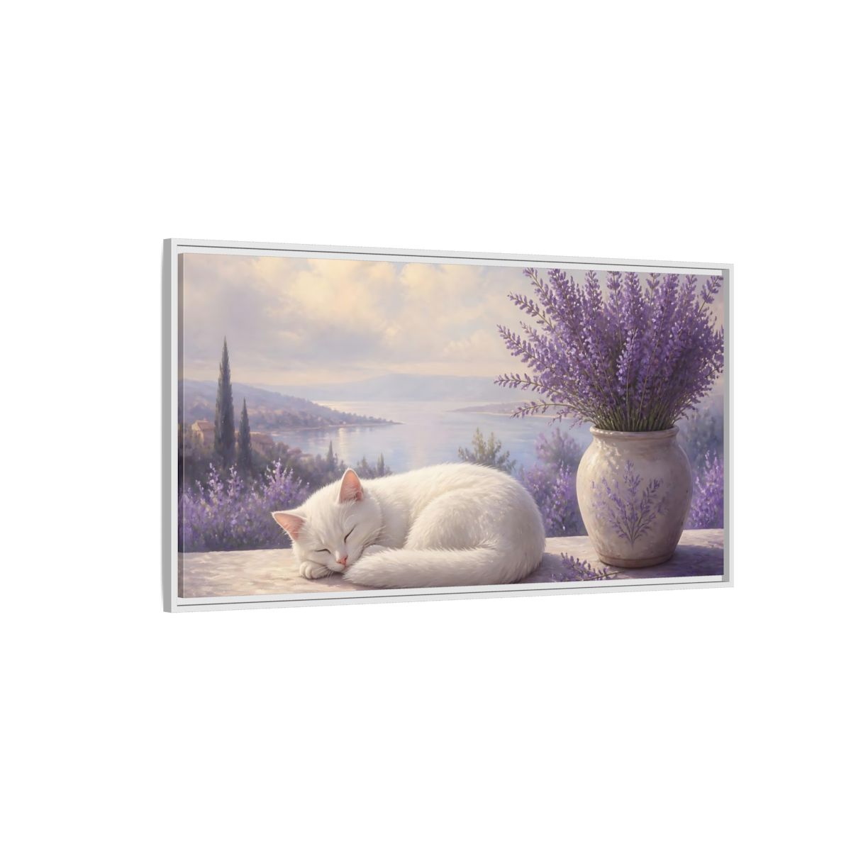 Side Mockup 3. Nature White Cat White Cat Lavender shown as stretched canvas wall art