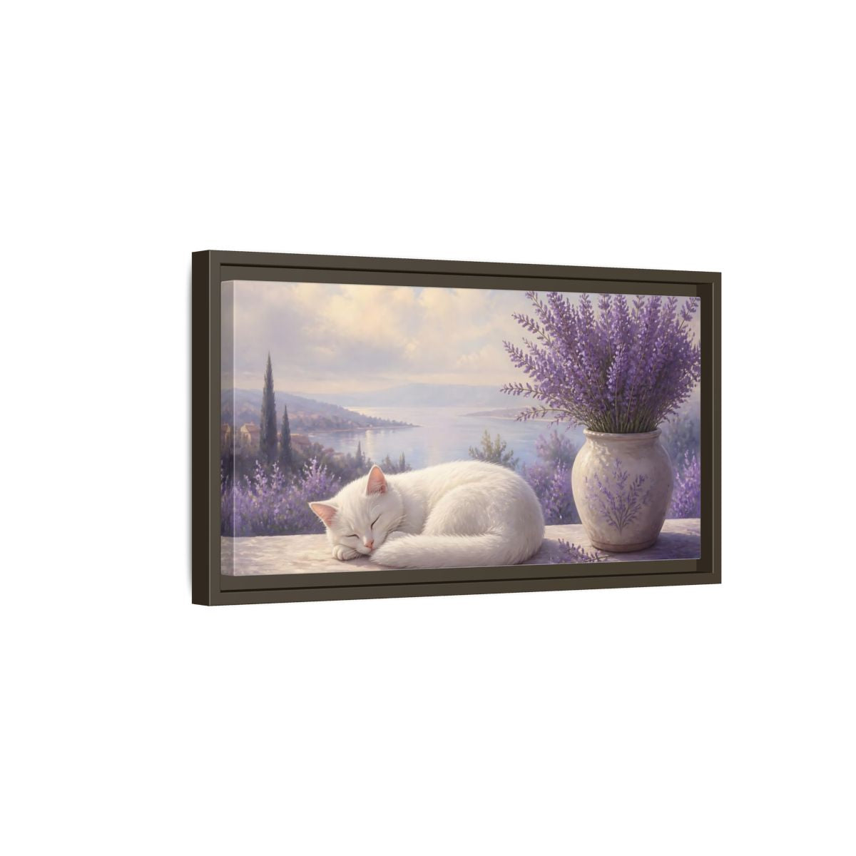 Side Mockup 7. Nature White Cat White Cat Lavender shown as stretched canvas wall art