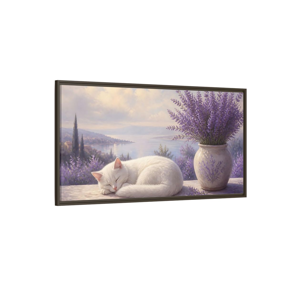 Side Mockup 4. Nature White Cat White Cat Lavender shown as stretched canvas wall art
