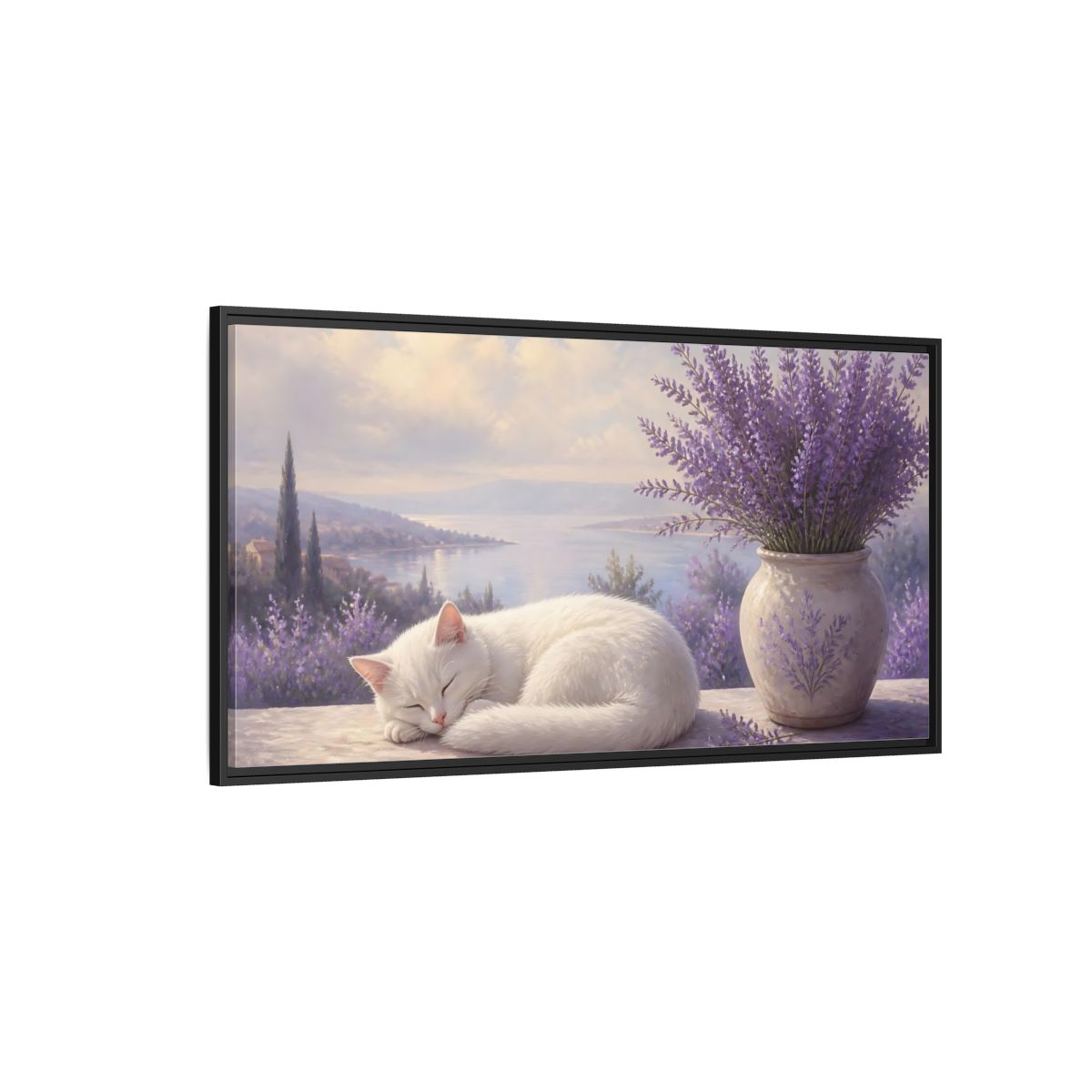 Side Mockup 5. Nature White Cat White Cat Lavender shown as stretched canvas wall art