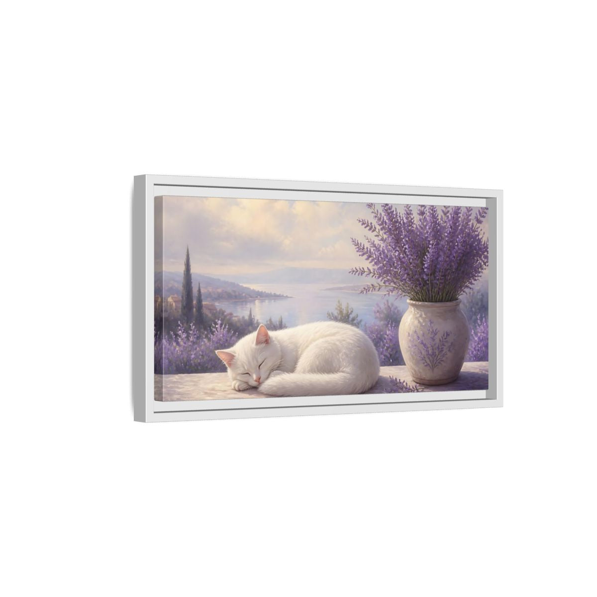 Side Mockup 6. Nature White Cat White Cat Lavender shown as stretched canvas wall art