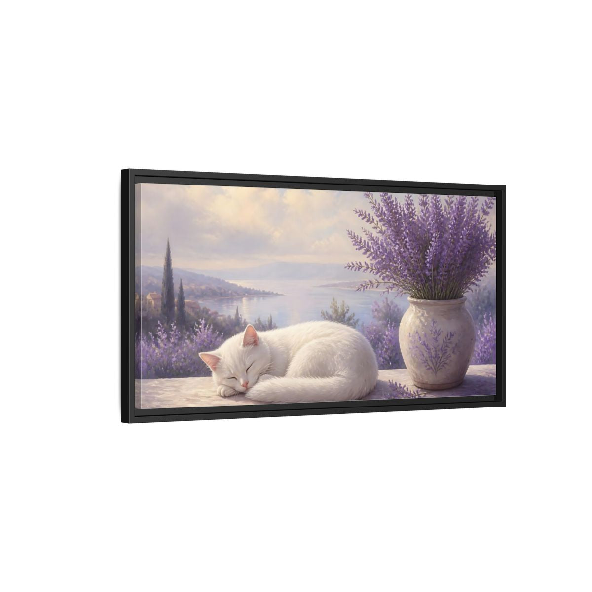 Side Mockup 2. Nature White Cat White Cat Lavender shown as stretched canvas wall art