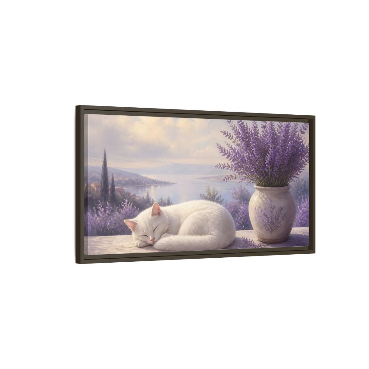 Main Mockup. Nature White Cat White Cat Lavender shown as stretched canvas wall art