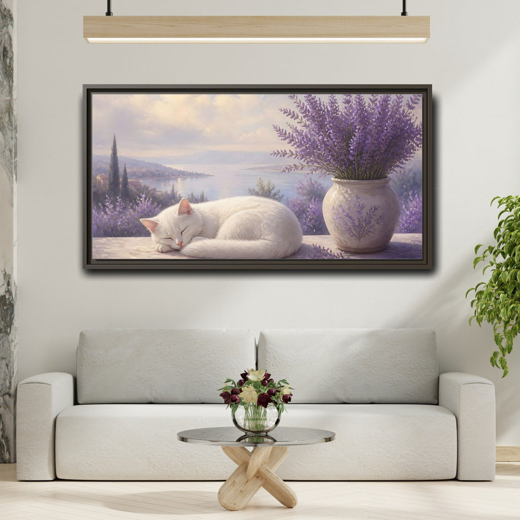 Mockup 2. Nature White Cat White Cat Lavender shown as stretched canvas wall art