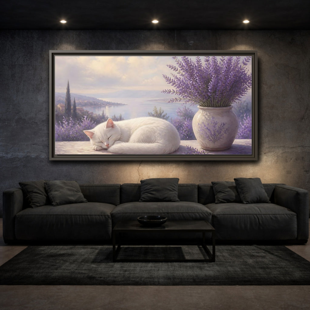 Mockup 3. Nature White Cat White Cat Lavender shown as stretched canvas wall art
