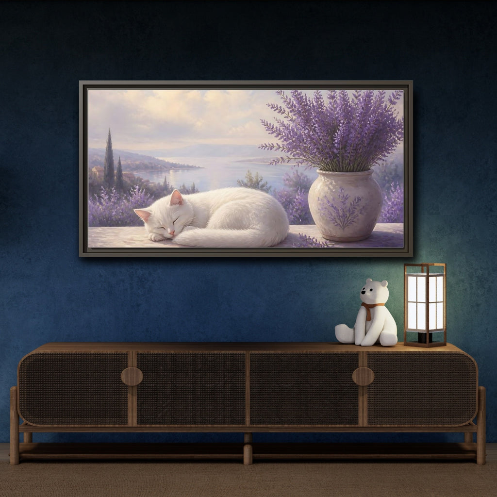 Mockup 4. Nature White Cat White Cat Lavender shown as stretched canvas wall art