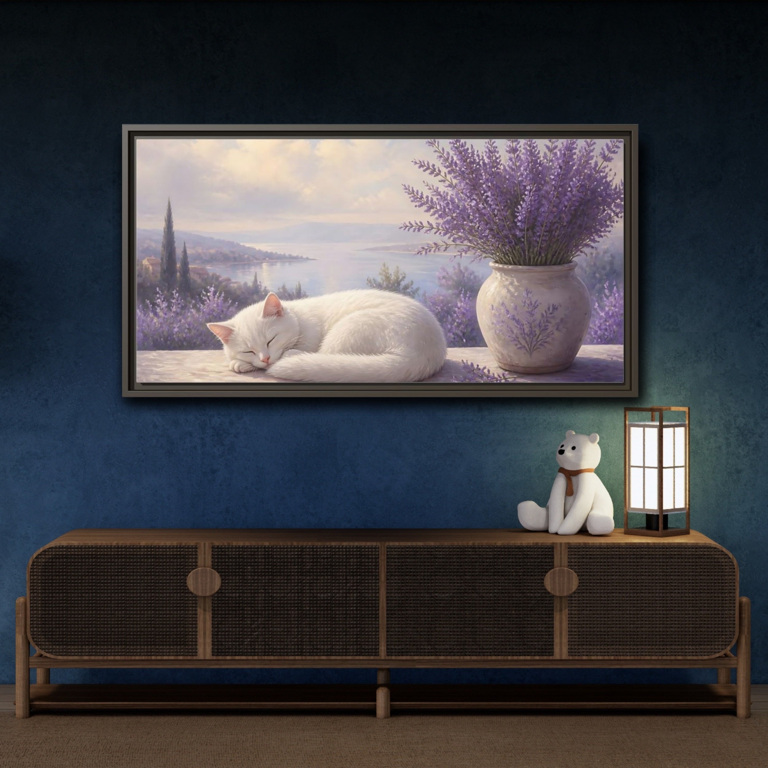 Mockup 4. Nature White Cat White Cat Lavender shown as stretched canvas wall art